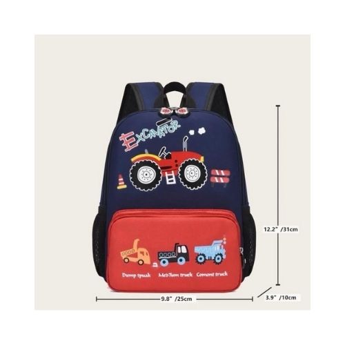 Mochila azul y roja con dibujo de tractor