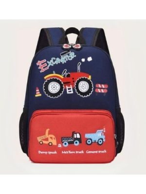 Mochila azul y roja con dibujo de tractor
