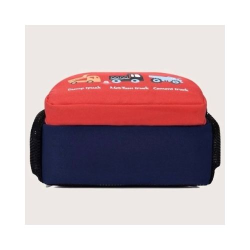 Mochila azul y roja con dibujo de tractor