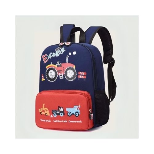 Mochila azul y roja con dibujo de tractor