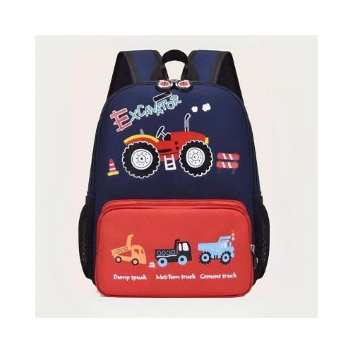 Mochila azul y roja con dibujo de tractor